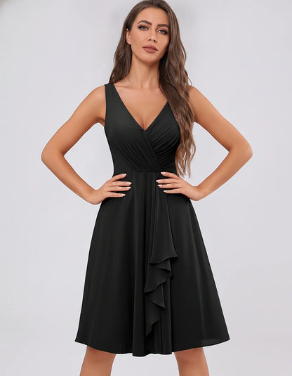 Chiffon Sleeveless V-Neck Pleated Ruffle A-Line Mini Dress for Party Cocktail Evening Summer Wedding Guest Bridesmaid Style, | SKU: MD-482917563204857-BLACK-L,MD-482917563204857-BLACK-M,MD-482917563204857-BLACK-S,MD-482917563204857-BLACK-XL,MD-482917563204857-BLACK-XS