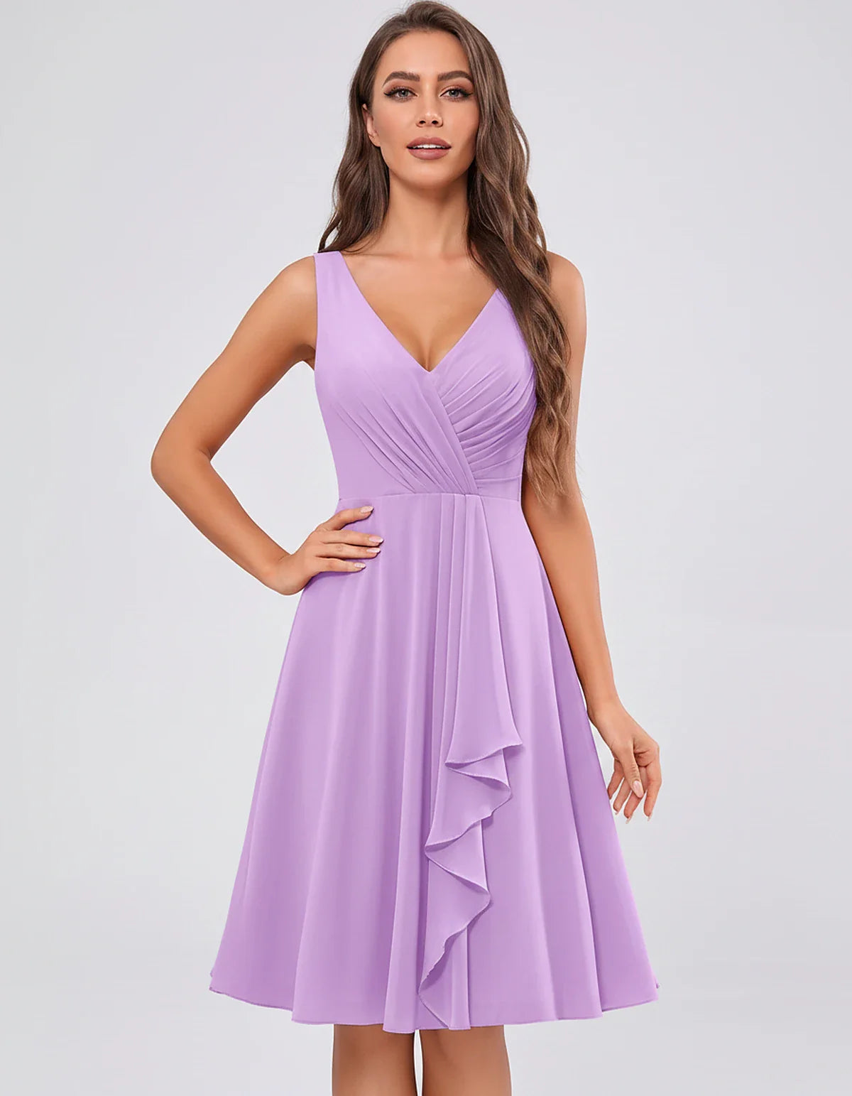Chiffon Sleeveless V-Neck Pleated Ruffle A-Line Mini Dress for Party Cocktail Evening Summer Wedding Guest Bridesmaid Style, | SKU: MD-482917563204857-LAVENDER-L,MD-482917563204857-LAVENDER-M,MD-482917563204857-LAVENDER-S,MD-482917563204857-LAVENDER-XL,MD-482917563204857-LAVENDER-XS