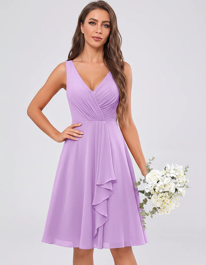 Chiffon Sleeveless V-Neck Pleated Ruffle A-Line Mini Dress for Party Cocktail Evening Summer Wedding Guest Bridesmaid Style, | SKU: MD-482917563204857-LAVENDER-L,MD-482917563204857-LAVENDER-M,MD-482917563204857-LAVENDER-S,MD-482917563204857-LAVENDER-XL,MD-482917563204857-LAVENDER-XS