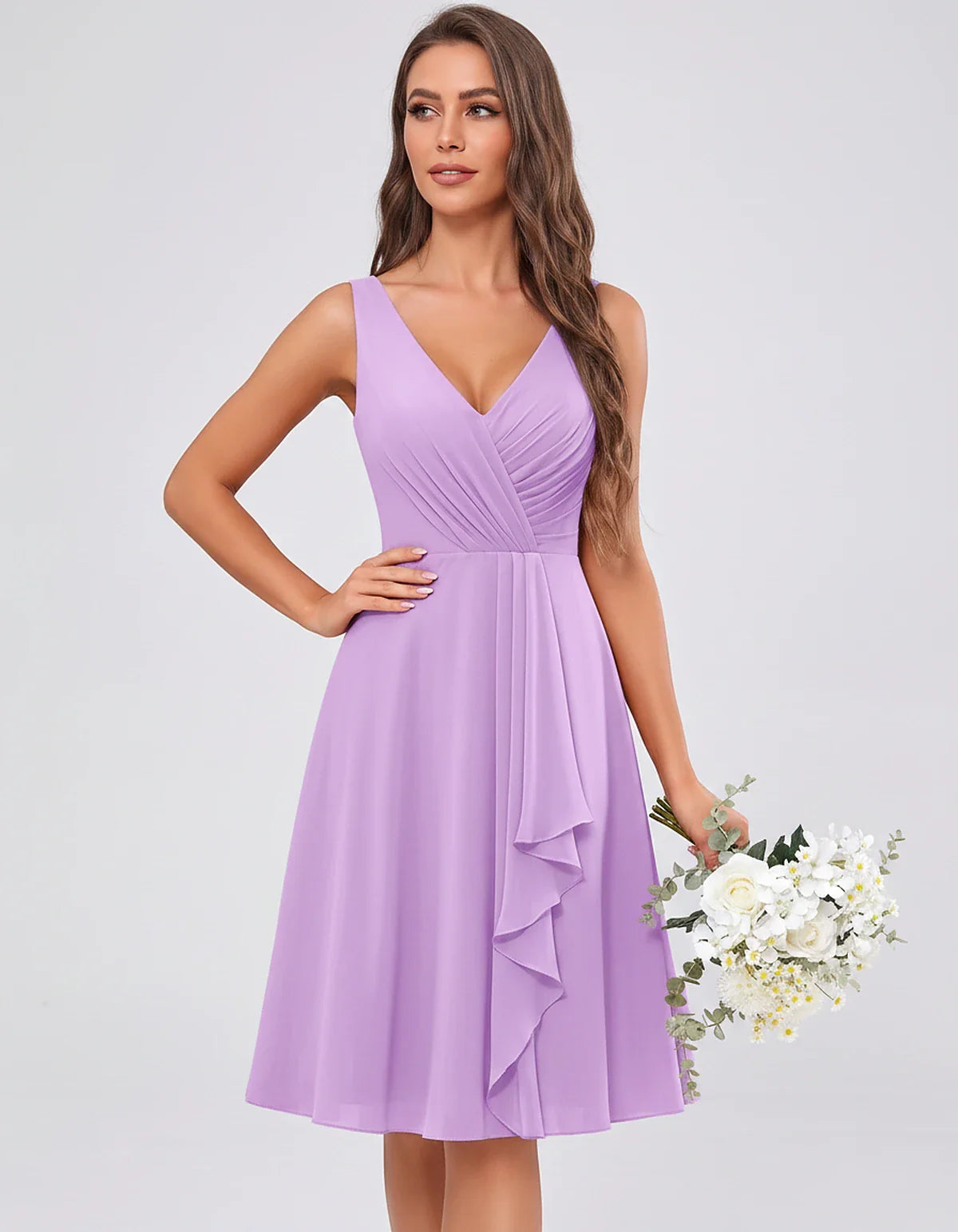 Chiffon Sleeveless V-Neck Pleated Ruffle A-Line Mini Dress for Party Cocktail Evening Summer Wedding Guest Bridesmaid Style, | SKU: MD-482917563204857-LAVENDER-L,MD-482917563204857-LAVENDER-M,MD-482917563204857-LAVENDER-S,MD-482917563204857-LAVENDER-XL,MD-482917563204857-LAVENDER-XS