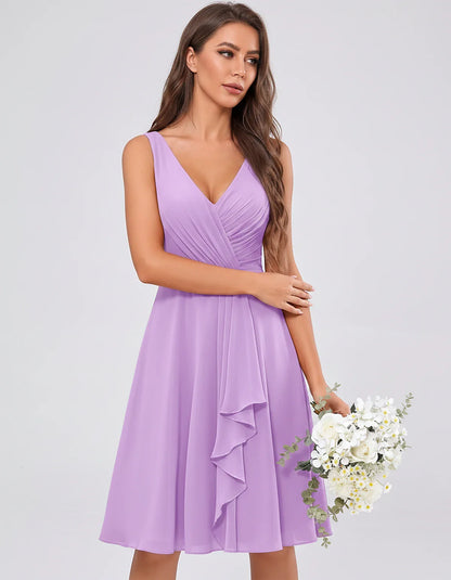 Chiffon Sleeveless V-Neck Pleated Ruffle A-Line Mini Dress for Party Cocktail Evening Summer Wedding Guest Bridesmaid Style, | SKU: MD-482917563204857-LAVENDER-L,MD-482917563204857-LAVENDER-M,MD-482917563204857-LAVENDER-S,MD-482917563204857-LAVENDER-XL,MD-482917563204857-LAVENDER-XS