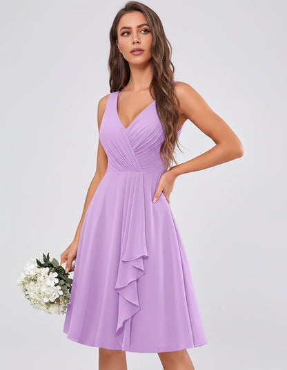 Chiffon Sleeveless V-Neck Pleated Ruffle A-Line Mini Dress for Party Cocktail Evening Summer Wedding Guest Bridesmaid Style, | SKU: MD-482917563204857-LAVENDER-L,MD-482917563204857-LAVENDER-M,MD-482917563204857-LAVENDER-S,MD-482917563204857-LAVENDER-XL,MD-482917563204857-LAVENDER-XS