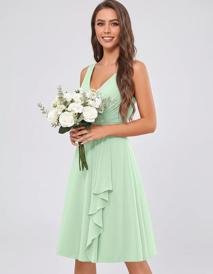 Chiffon Sleeveless V-Neck Pleated Ruffle A-Line Mini Dress for Party Cocktail Evening Summer Wedding Guest Bridesmaid Style, | SKU: MD-482917563204857-MINT-L,MD-482917563204857-MINT-M,MD-482917563204857-MINT-S,MD-482917563204857-MINT-XL,MD-482917563204857-MINT-XS