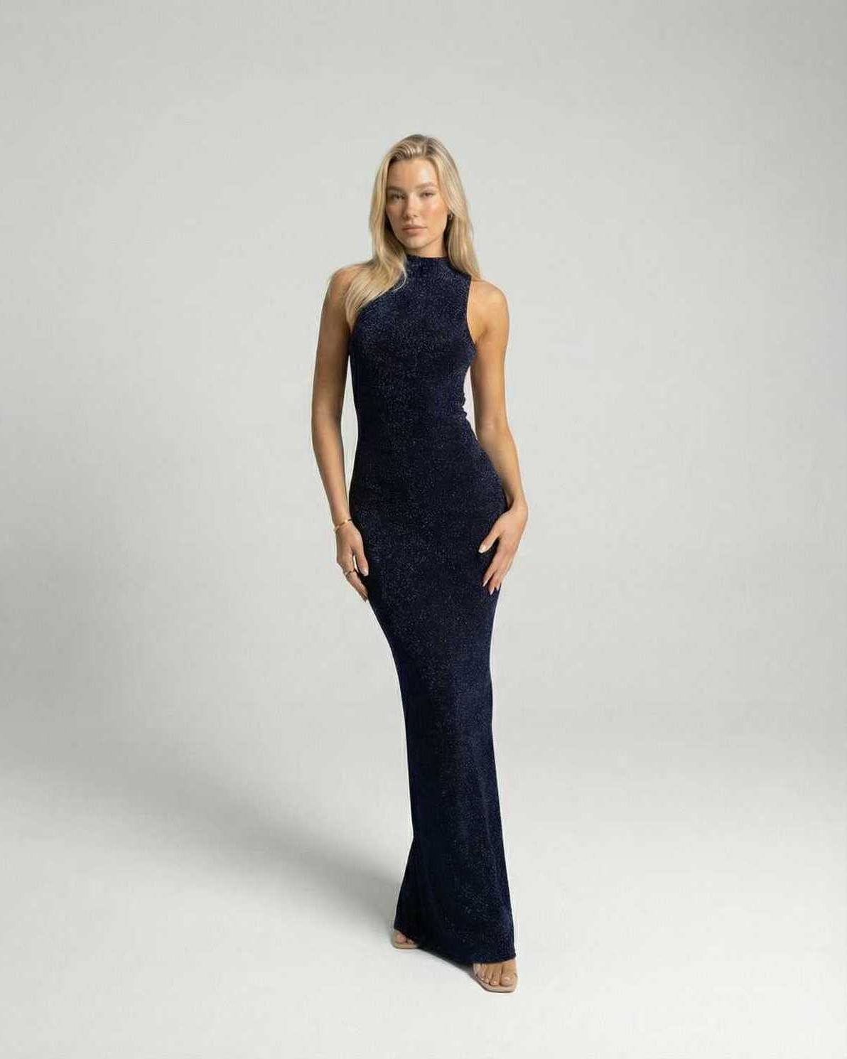 Sera Maxi Dress in navy with a round neck, elegant design for evening occasions by RAMBLION.