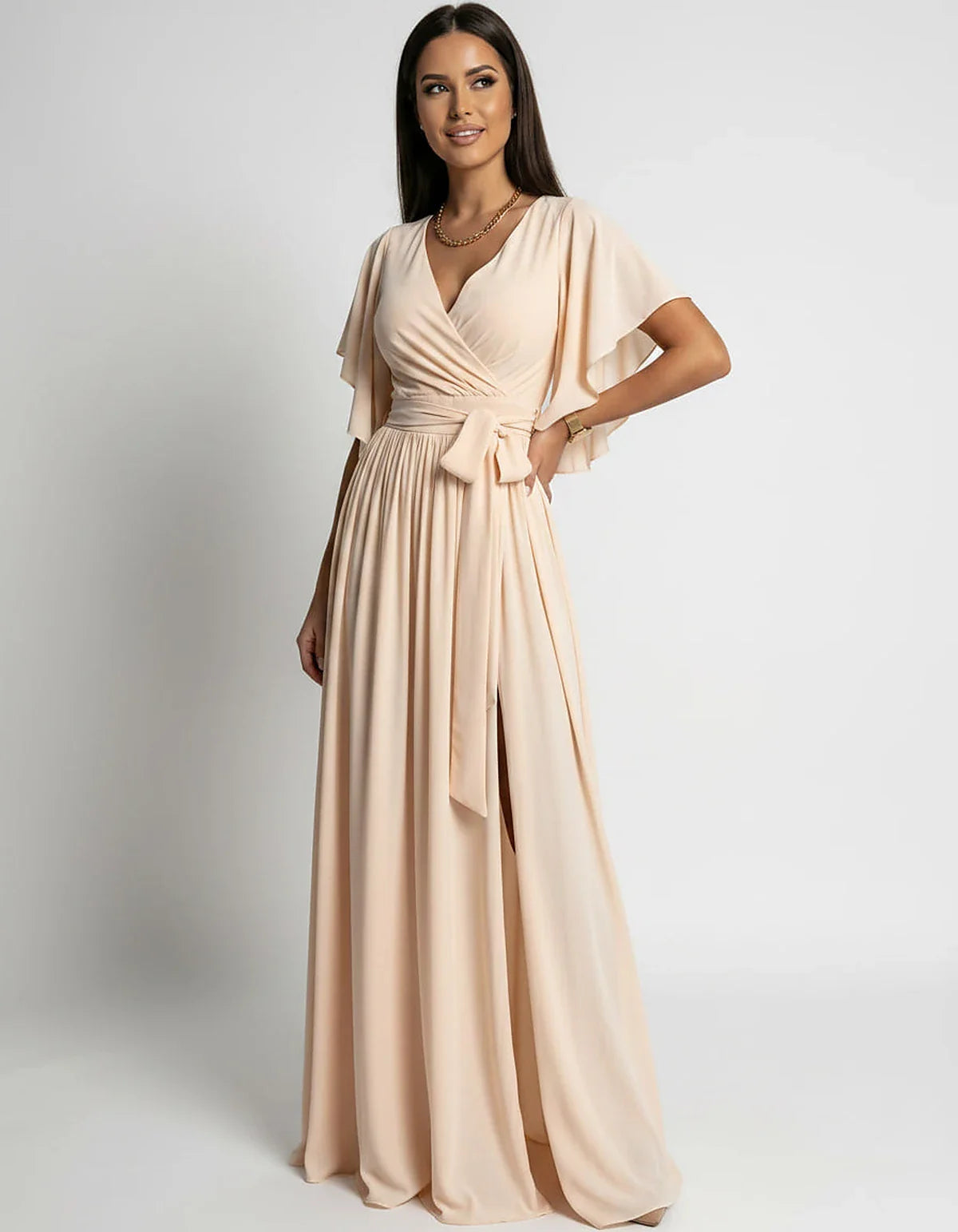 Khaki,red,blue,black Satin Mermaid V-Neck Spaghetti Strap Maxi Dress | Gala Nights, Party Nights & Weddings, front view | Ram | SKU: SMD-483920174615382-KHAKI-L,SMD-483920174615382-KHAKI-M,SMD-483920174615382-KHAKI-S,SMD-483920174615382-KHAKI-XL,SMD-483920174615382-KHAKI-XS