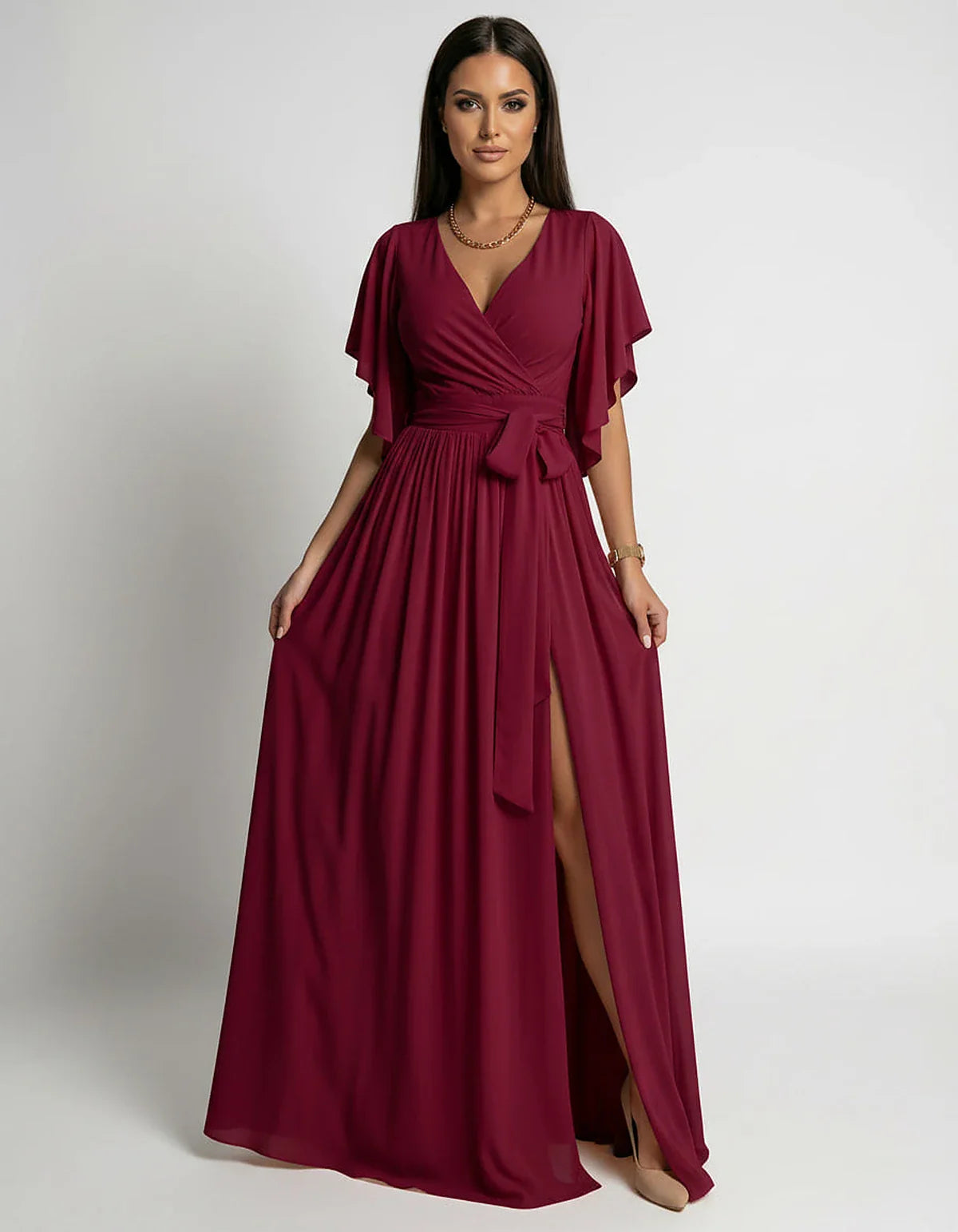 Khaki,red,blue,black Satin Mermaid V-Neck Spaghetti Strap Maxi Dress | Gala Nights, Party Nights & Weddings, front view | Ram | SKU: SMD-483920174615382-RED-L,SMD-483920174615382-RED-M,SMD-483920174615382-RED-S,SMD-483920174615382-RED-XL,SMD-483920174615382-RED-XS