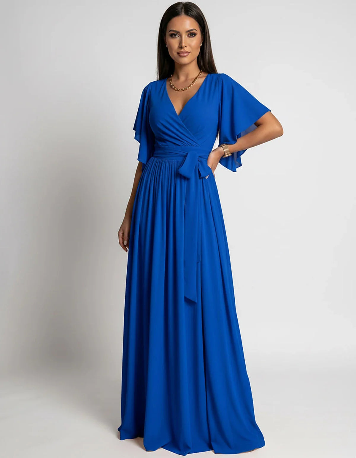 Khaki,red,blue,black Satin Mermaid V-Neck Spaghetti Strap Maxi Dress | Gala Nights, Party Nights & Weddings, front view | Ram | SKU: SMD-483920174615382-BLUE-L,SMD-483920174615382-BLUE-M,SMD-483920174615382-BLUE-S,SMD-483920174615382-BLUE-XL,SMD-483920174615382-BLUE-XS