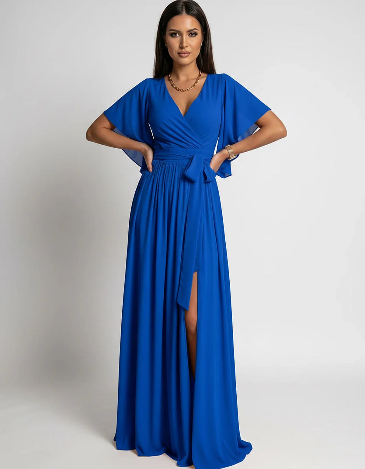Khaki,red,blue,black Satin Mermaid V-Neck Spaghetti Strap Maxi Dress | Gala Nights, Party Nights & Weddings, front view | Ram | SKU: SMD-483920174615382-BLUE-L,SMD-483920174615382-BLUE-M,SMD-483920174615382-BLUE-S,SMD-483920174615382-BLUE-XL,SMD-483920174615382-BLUE-XS