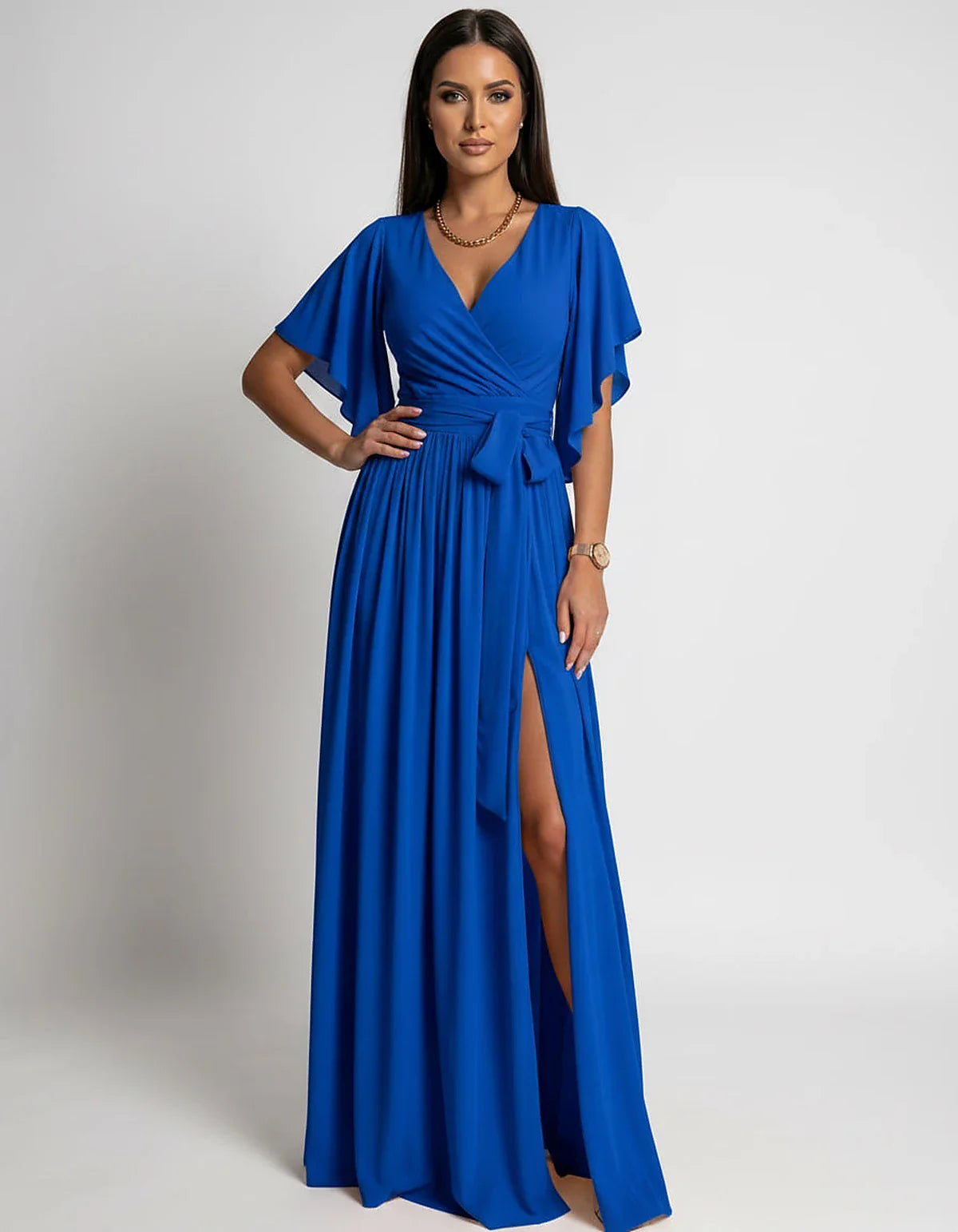 Khaki,red,blue,black Satin Mermaid V-Neck Spaghetti Strap Maxi Dress | Gala Nights, Party Nights & Weddings, front view | Ram | SKU: SMD-483920174615382-BLUE-L,SMD-483920174615382-BLUE-M,SMD-483920174615382-BLUE-S,SMD-483920174615382-BLUE-XL,SMD-483920174615382-BLUE-XS