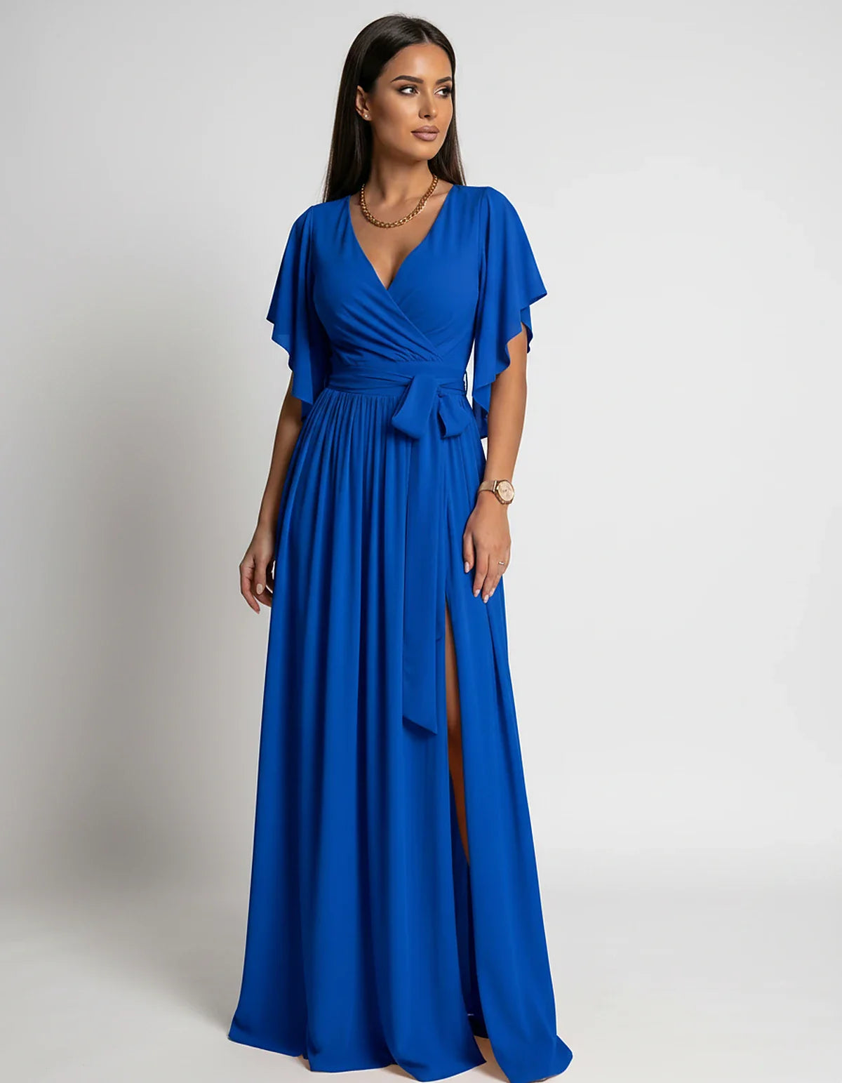 Khaki,red,blue,black Satin Mermaid V-Neck Spaghetti Strap Maxi Dress | Gala Nights, Party Nights & Weddings, front view | Ram | SKU: SMD-483920174615382-BLUE-L,SMD-483920174615382-BLUE-M,SMD-483920174615382-BLUE-S,SMD-483920174615382-BLUE-XL,SMD-483920174615382-BLUE-XS