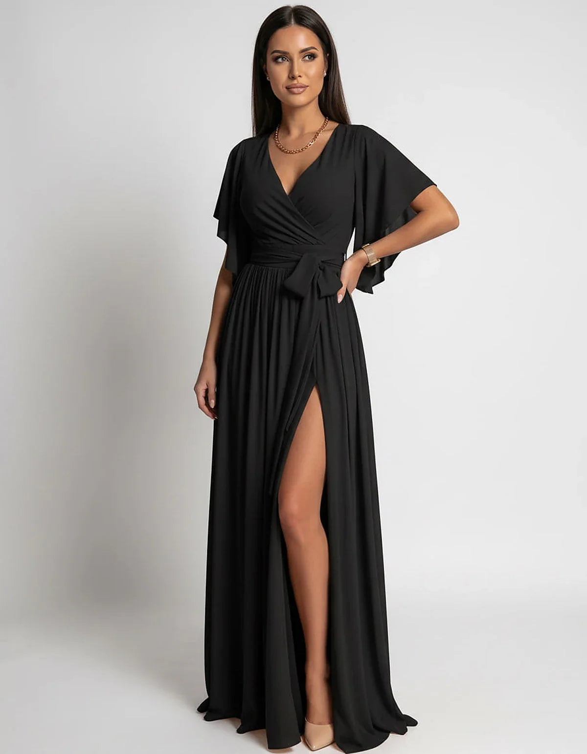 Khaki,red,blue,black Satin Mermaid V-Neck Spaghetti Strap Maxi Dress | Gala Nights, Party Nights & Weddings, front view | Ram | SKU: SMD-483920174615382-BLACK-L,SMD-483920174615382-BLACK-M,SMD-483920174615382-BLACK-S,SMD-483920174615382-BLACK-XL,SMD-483920174615382-BLACK-XS
