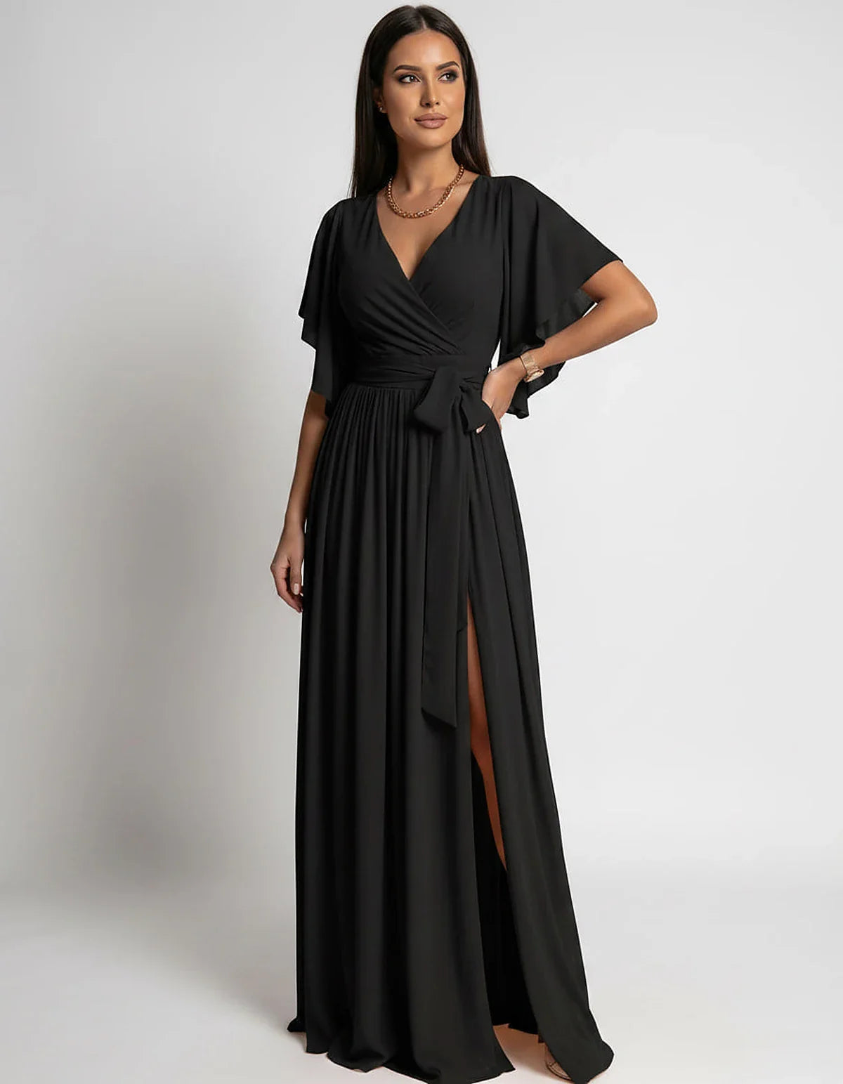 Khaki,red,blue,black Satin Mermaid V-Neck Spaghetti Strap Maxi Dress | Gala Nights, Party Nights & Weddings, front view | Ram | SKU: SMD-483920174615382-BLACK-L,SMD-483920174615382-BLACK-M,SMD-483920174615382-BLACK-S,SMD-483920174615382-BLACK-XL,SMD-483920174615382-BLACK-XS