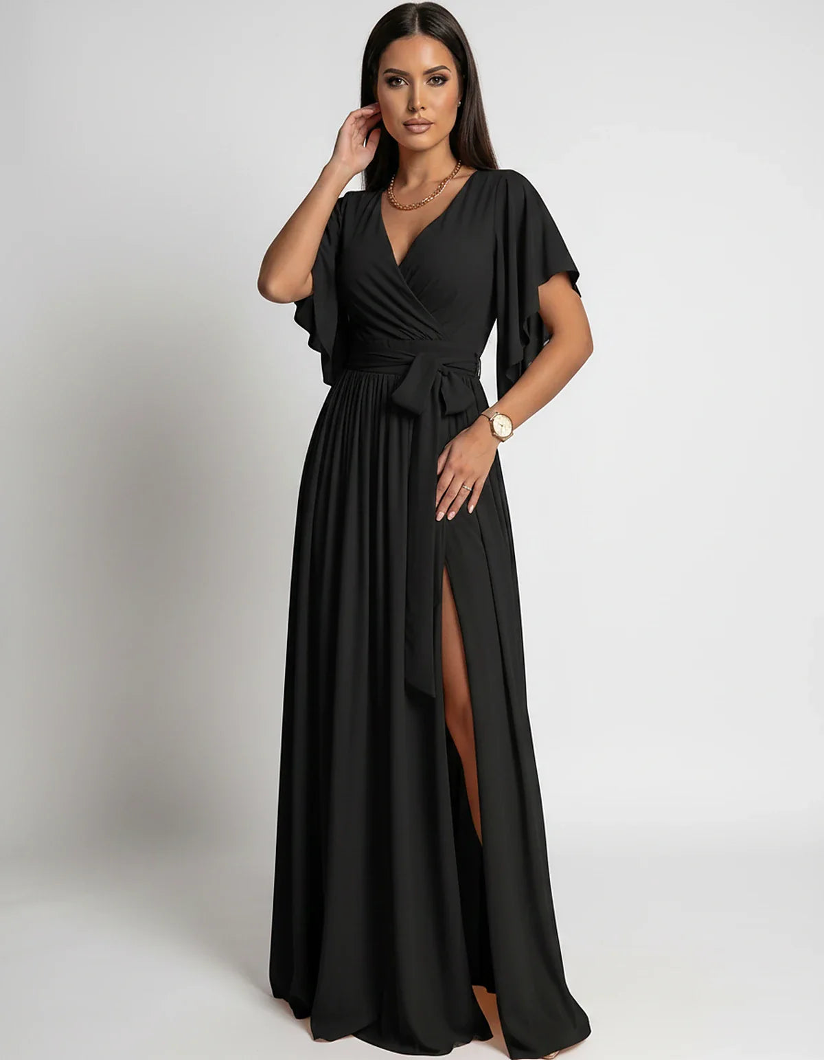 Khaki,red,blue,black Satin Mermaid V-Neck Spaghetti Strap Maxi Dress | Gala Nights, Party Nights & Weddings, front view | Ram | SKU: SMD-483920174615382-BLACK-L,SMD-483920174615382-BLACK-M,SMD-483920174615382-BLACK-S,SMD-483920174615382-BLACK-XL,SMD-483920174615382-BLACK-XS
