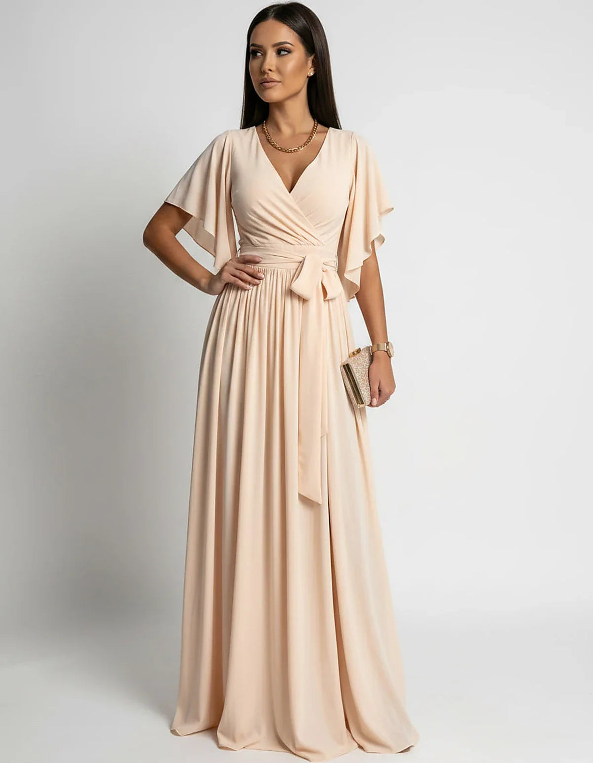 Khaki,red,blue,black Satin Mermaid V-Neck Spaghetti Strap Maxi Dress | Gala Nights, Party Nights & Weddings, front view | Ram | SKU: SMD-483920174615382-KHAKI-L,SMD-483920174615382-KHAKI-M,SMD-483920174615382-KHAKI-S,SMD-483920174615382-KHAKI-XL,SMD-483920174615382-KHAKI-XS