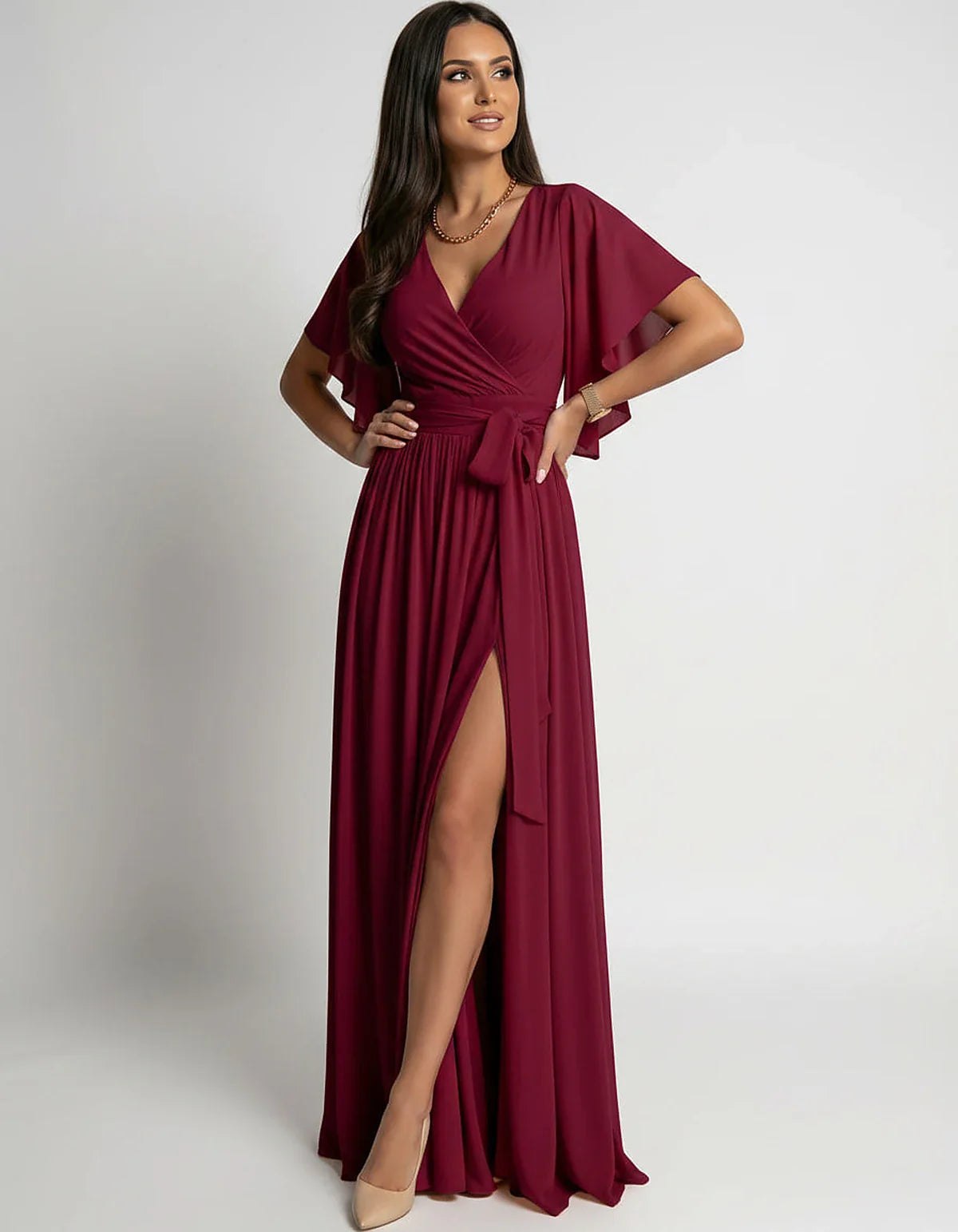 Khaki,red,blue,black Satin Mermaid V-Neck Spaghetti Strap Maxi Dress | Gala Nights, Party Nights & Weddings, front view | Ram | SKU: SMD-483920174615382-RED-L,SMD-483920174615382-RED-M,SMD-483920174615382-RED-S,SMD-483920174615382-RED-XL,SMD-483920174615382-RED-XS