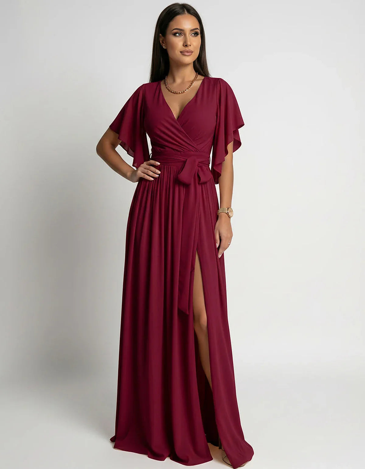Khaki,red,blue,black Satin Mermaid V-Neck Spaghetti Strap Maxi Dress | Gala Nights, Party Nights & Weddings, front view | Ram | SKU: SMD-483920174615382-RED-L,SMD-483920174615382-RED-M,SMD-483920174615382-RED-S,SMD-483920174615382-RED-XL,SMD-483920174615382-RED-XS