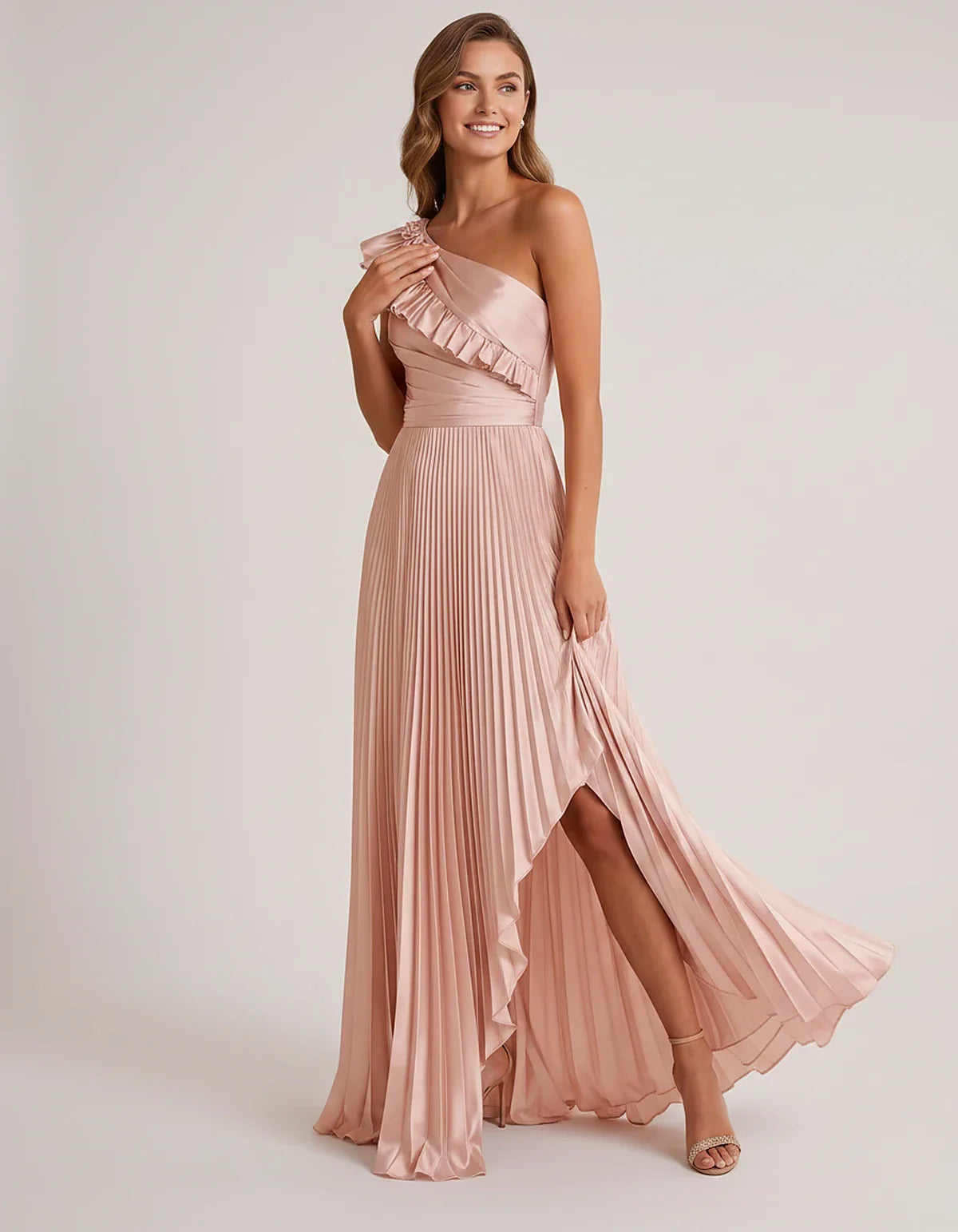 Satin Sleeveless One Shoulder A-Line Maxi Dress for Party, Cocktail, Evening, Wedding Guest, Bridesmaid & Summer Formal Event | SKU: SM-482951736104825-PINK-L,SM-482951736104825-PINK-M,SM-482951736104825-PINK-S,SM-482951736104825-PINK-XL,SM-482951736104825-PINK-XS