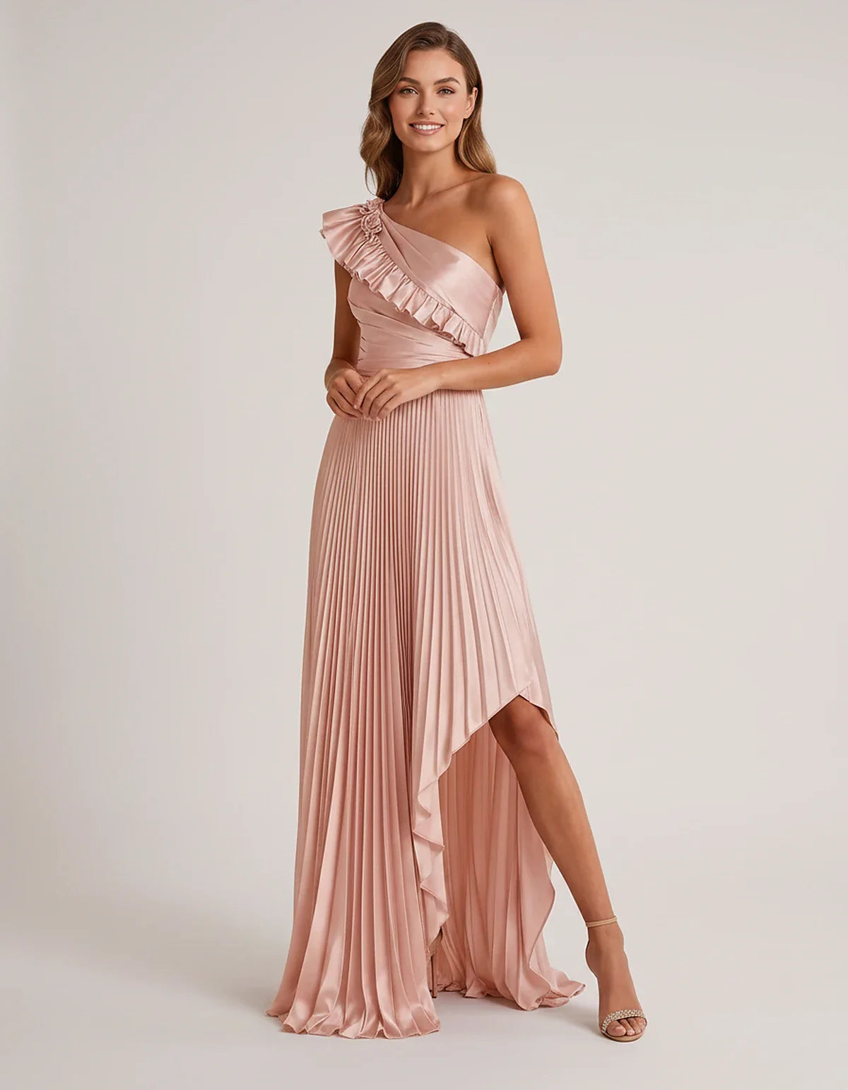 Satin Sleeveless One Shoulder A-Line Maxi Dress for Party, Cocktail, Evening, Wedding Guest, Bridesmaid & Summer Formal Event | SKU: SM-482951736104825-PINK-L,SM-482951736104825-PINK-M,SM-482951736104825-PINK-S,SM-482951736104825-PINK-XL,SM-482951736104825-PINK-XS