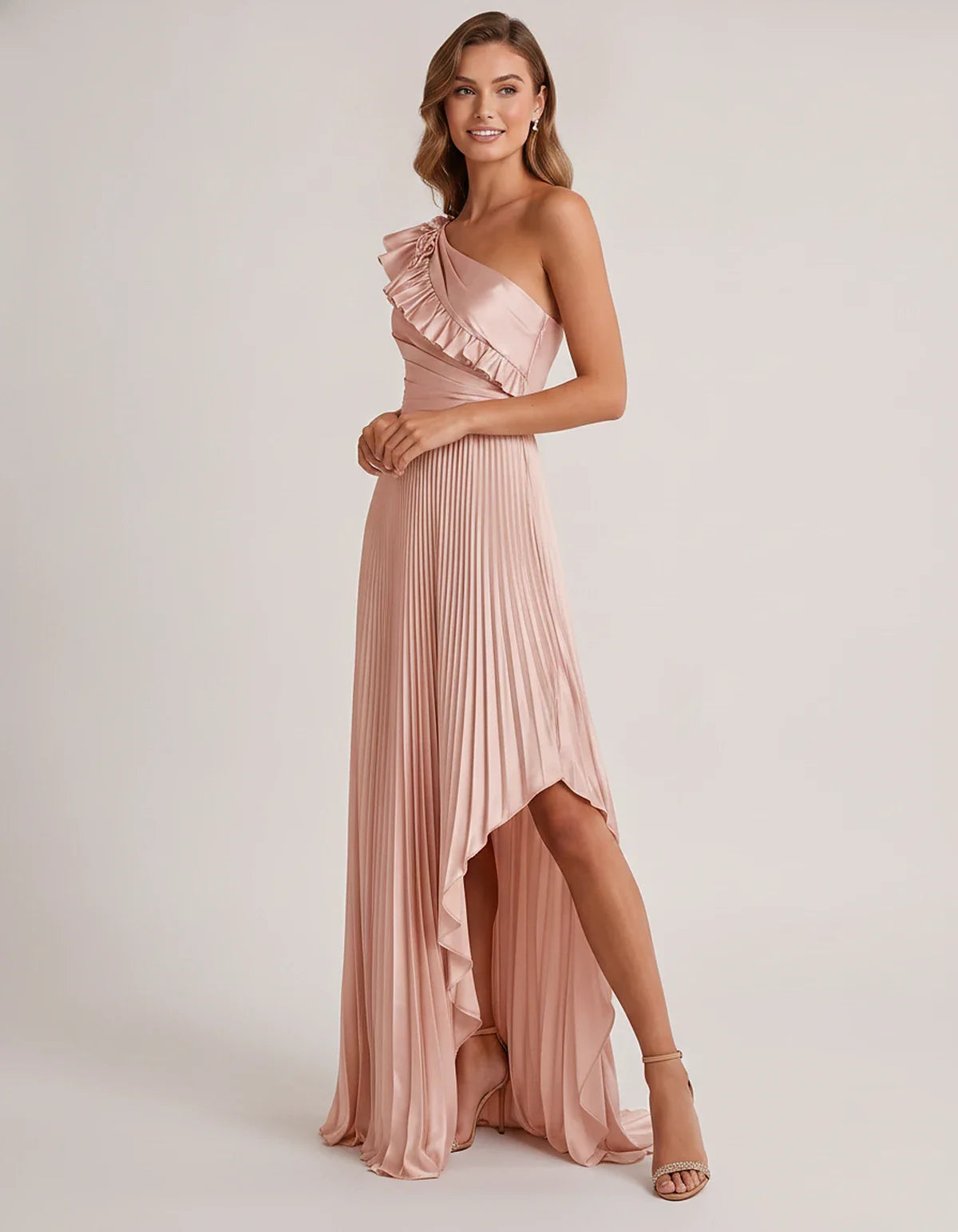 Satin Sleeveless One Shoulder A-Line Maxi Dress for Party, Cocktail, Evening, Wedding Guest, Bridesmaid & Summer Formal Event | SKU: SM-482951736104825-PINK-L,SM-482951736104825-PINK-M,SM-482951736104825-PINK-S,SM-482951736104825-PINK-XL,SM-482951736104825-PINK-XS