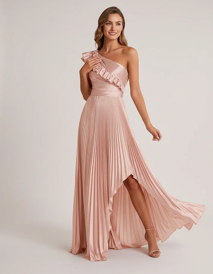 Satin Sleeveless One Shoulder A-Line Maxi Dress for Party, Cocktail, Evening, Wedding Guest, Bridesmaid & Summer Formal Event | SKU: SM-482951736104825-PINK-L,SM-482951736104825-PINK-M,SM-482951736104825-PINK-S,SM-482951736104825-PINK-XL,SM-482951736104825-PINK-XS