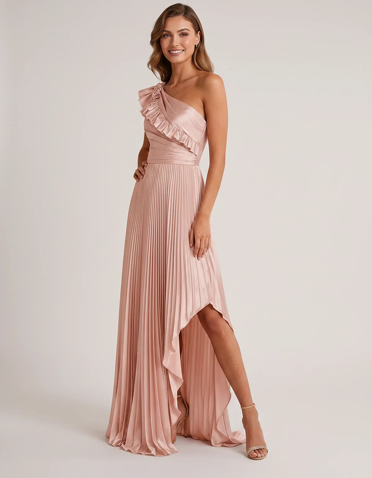 Satin Sleeveless One Shoulder A-Line Maxi Dress for Party, Cocktail, Evening, Wedding Guest, Bridesmaid & Summer Formal Event | SKU: SM-482951736104825-PINK-L,SM-482951736104825-PINK-M,SM-482951736104825-PINK-S,SM-482951736104825-PINK-XL,SM-482951736104825-PINK-XS