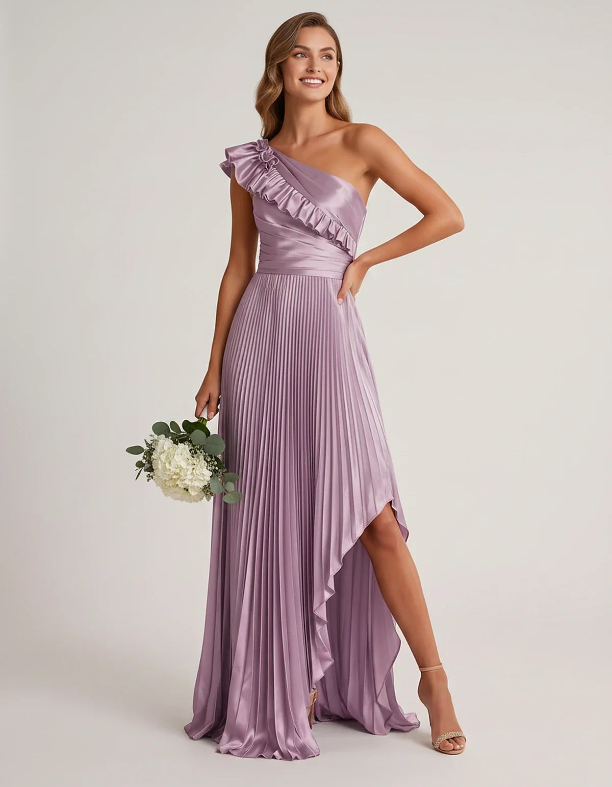 Satin Sleeveless One Shoulder A-Line Maxi Dress for Party, Cocktail, Evening, Wedding Guest, Bridesmaid & Summer Formal Event | SKU: SM-482951736104825-LILAC-L,SM-482951736104825-LILAC-M,SM-482951736104825-LILAC-S,SM-482951736104825-LILAC-XL,SM-482951736104825-LILAC-XS