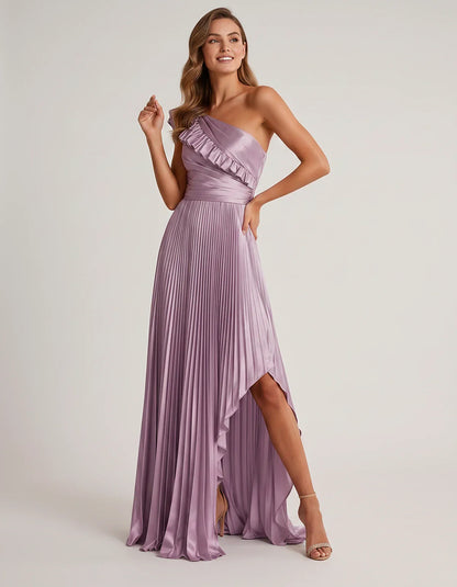 Satin Sleeveless One Shoulder A-Line Maxi Dress for Party, Cocktail, Evening, Wedding Guest, Bridesmaid & Summer Formal Event | SKU: SM-482951736104825-LILAC-L,SM-482951736104825-LILAC-M,SM-482951736104825-LILAC-S,SM-482951736104825-LILAC-XL,SM-482951736104825-LILAC-XS