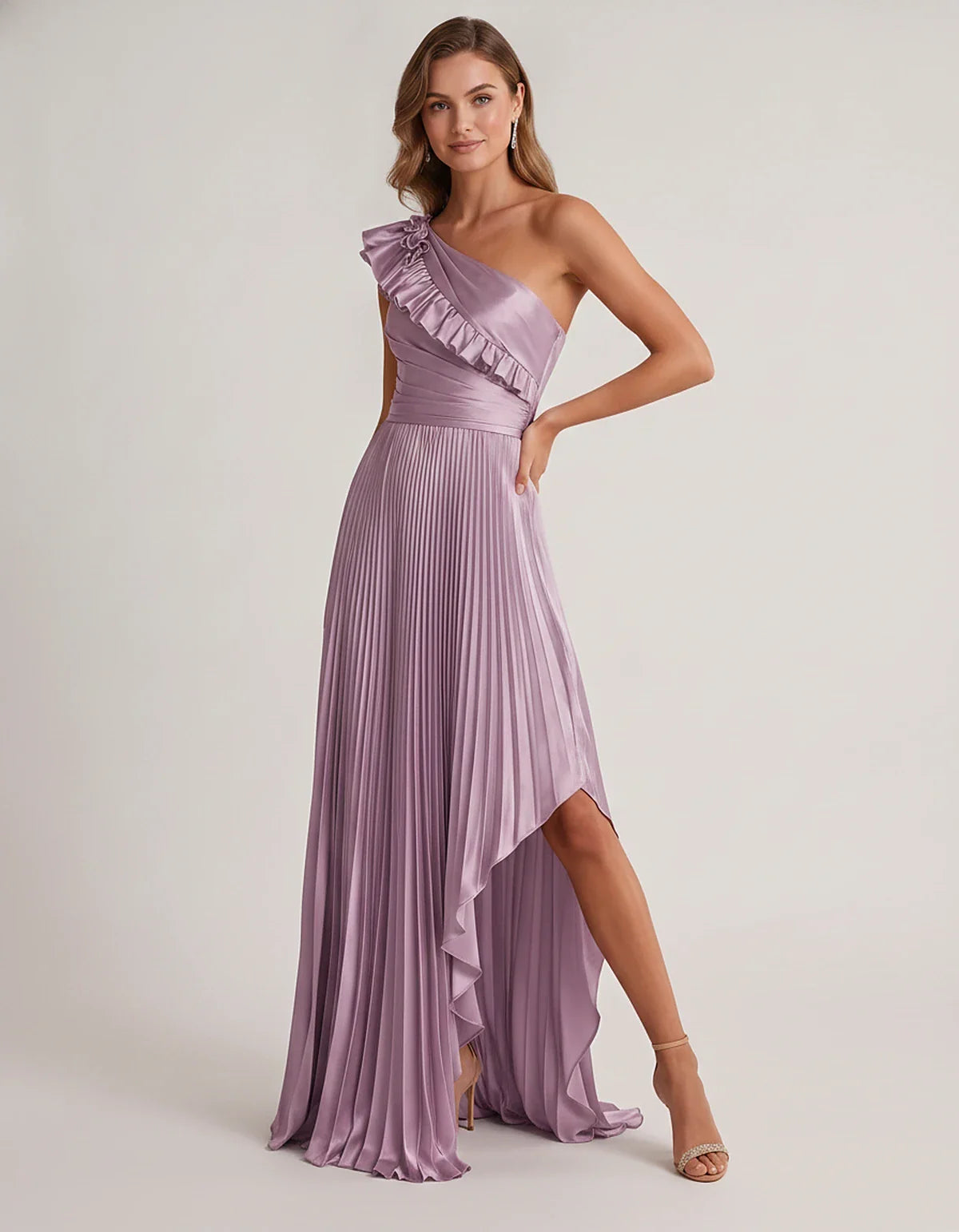 Satin Sleeveless One Shoulder A-Line Maxi Dress for Party, Cocktail, Evening, Wedding Guest, Bridesmaid & Summer Formal Event | SKU: SM-482951736104825-LILAC-L,SM-482951736104825-LILAC-M,SM-482951736104825-LILAC-S,SM-482951736104825-LILAC-XL,SM-482951736104825-LILAC-XS
