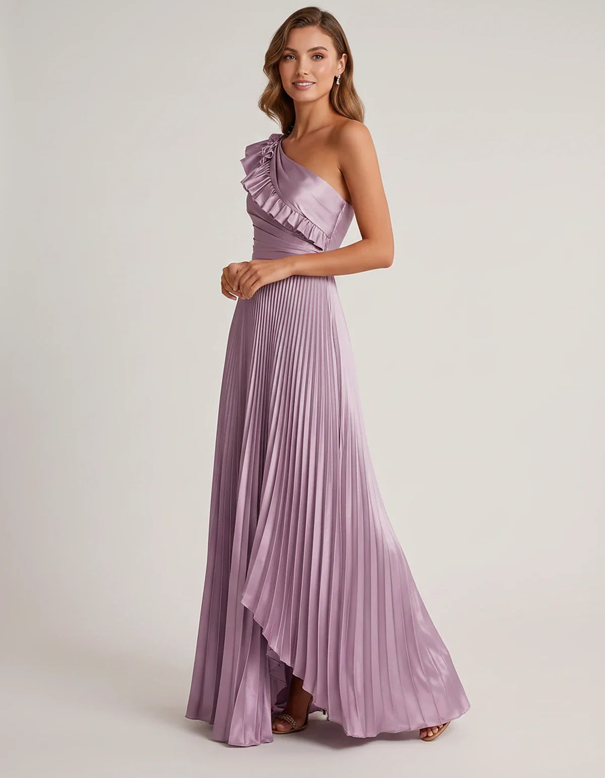 Satin Sleeveless One Shoulder A-Line Maxi Dress for Party, Cocktail, Evening, Wedding Guest, Bridesmaid & Summer Formal Event | SKU: SM-482951736104825-LILAC-L,SM-482951736104825-LILAC-M,SM-482951736104825-LILAC-S,SM-482951736104825-LILAC-XL,SM-482951736104825-LILAC-XS