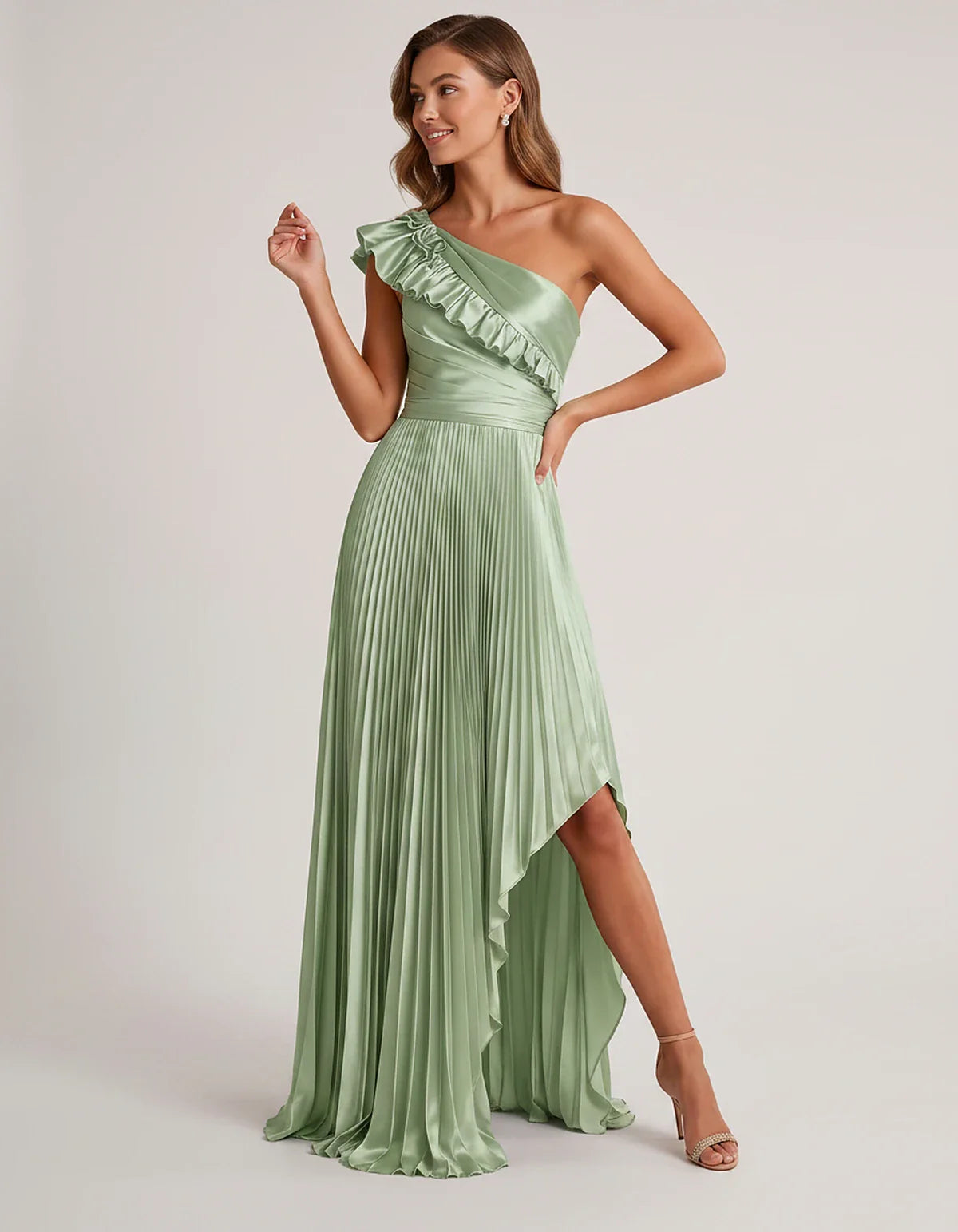 Satin Sleeveless One Shoulder A-Line Maxi Dress for Party, Cocktail, Evening, Wedding Guest, Bridesmaid & Summer Formal Event | SKU: SM-482951736104825-SAGE-L,SM-482951736104825-SAGE-M,SM-482951736104825-SAGE-S,SM-482951736104825-SAGE-XL,SM-482951736104825-SAGE-XS