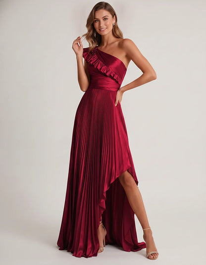 Satin Sleeveless One Shoulder A-Line Maxi Dress for Party, Cocktail, Evening, Wedding Guest, Bridesmaid & Summer Formal Event | SKU: SM-482951736104825-WINE-L,SM-482951736104825-WINE-M,SM-482951736104825-WINE-S,SM-482951736104825-WINE-XL,SM-482951736104825-WINE-XS