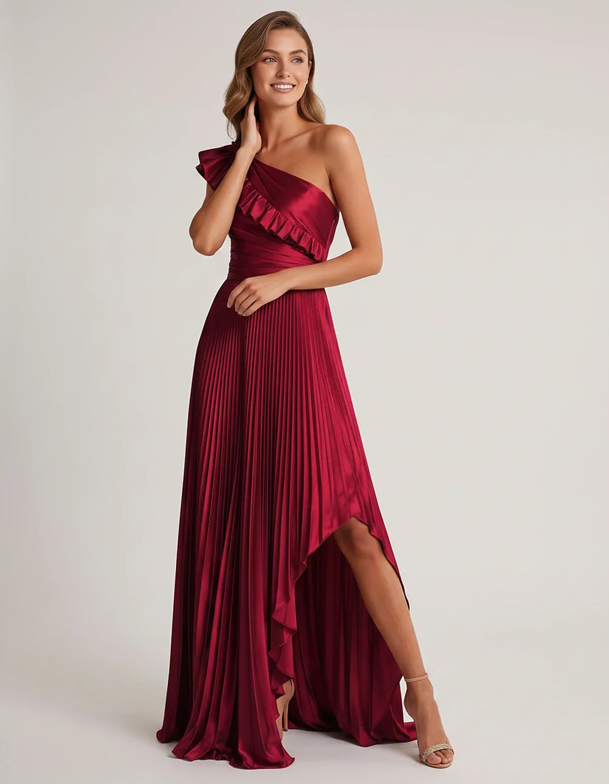 Satin Sleeveless One Shoulder A-Line Maxi Dress for Party, Cocktail, Evening, Wedding Guest, Bridesmaid & Summer Formal Event | SKU: SM-482951736104825-WINE-L,SM-482951736104825-WINE-M,SM-482951736104825-WINE-S,SM-482951736104825-WINE-XL,SM-482951736104825-WINE-XS