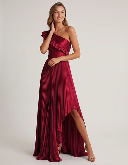 Satin Sleeveless One Shoulder A-Line Maxi Dress for Party, Cocktail, Evening, Wedding Guest, Bridesmaid & Summer Formal Event | SKU: SM-482951736104825-WINE-L,SM-482951736104825-WINE-M,SM-482951736104825-WINE-S,SM-482951736104825-WINE-XL,SM-482951736104825-WINE-XS
