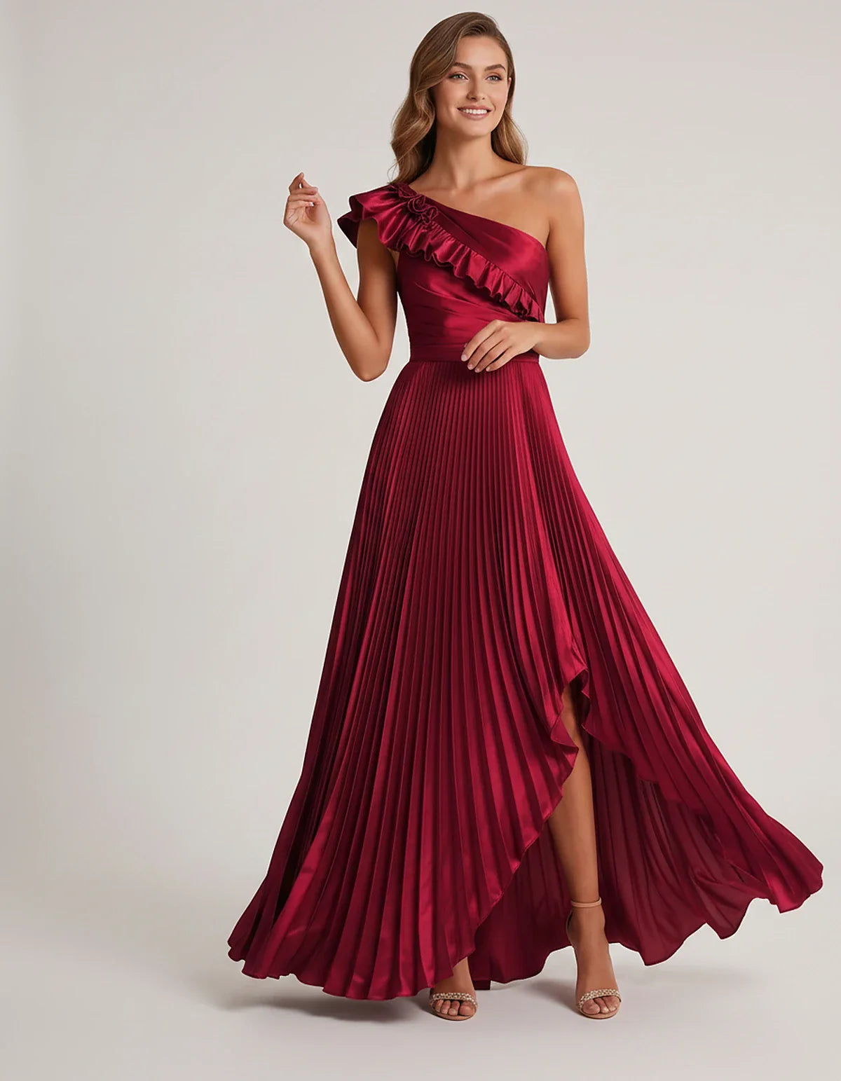 Satin Sleeveless One Shoulder A-Line Maxi Dress for Party, Cocktail, Evening, Wedding Guest, Bridesmaid & Summer Formal Event | SKU: SM-482951736104825-WINE-L,SM-482951736104825-WINE-M,SM-482951736104825-WINE-S,SM-482951736104825-WINE-XL,SM-482951736104825-WINE-XS