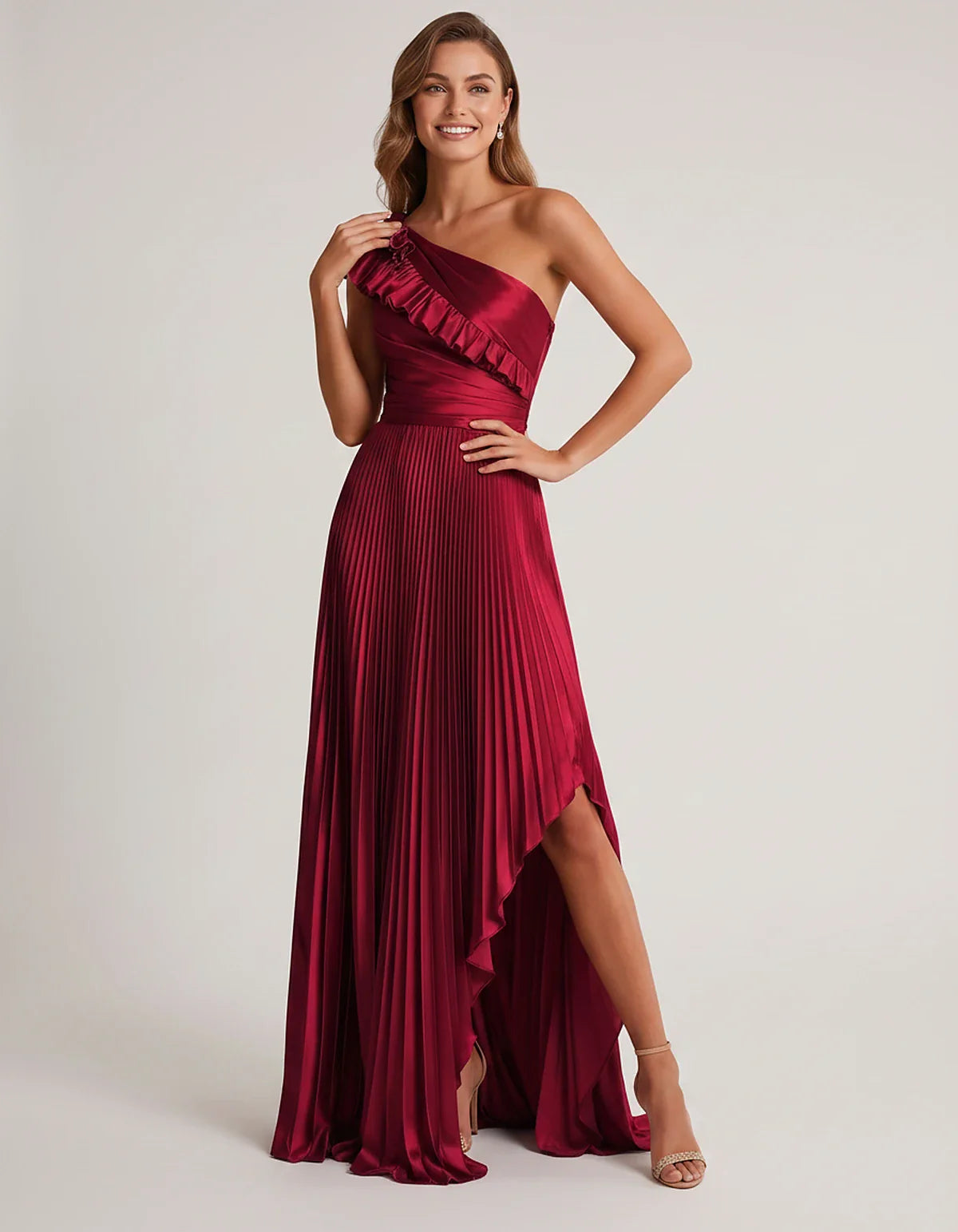 Satin Sleeveless One Shoulder A-Line Maxi Dress for Party, Cocktail, Evening, Wedding Guest, Bridesmaid & Summer Formal Event | SKU: SM-482951736104825-WINE-L,SM-482951736104825-WINE-M,SM-482951736104825-WINE-S,SM-482951736104825-WINE-XL,SM-482951736104825-WINE-XS