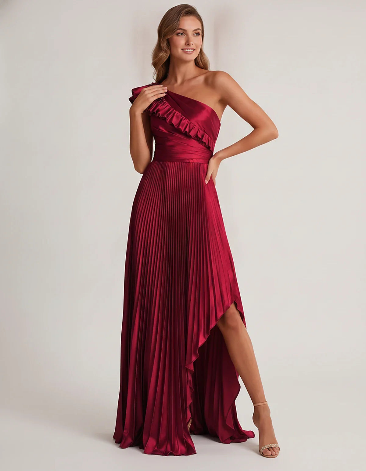 Satin Sleeveless One Shoulder A-Line Maxi Dress for Party, Cocktail, Evening, Wedding Guest, Bridesmaid & Summer Formal Event | SKU: SM-482951736104825-WINE-L,SM-482951736104825-WINE-M,SM-482951736104825-WINE-S,SM-482951736104825-WINE-XL,SM-482951736104825-WINE-XS