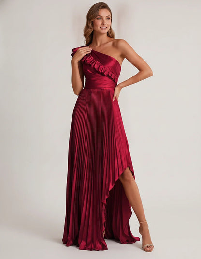 Satin Sleeveless One Shoulder A-Line Maxi Dress for Party, Cocktail, Evening, Wedding Guest, Bridesmaid & Summer Formal Event | SKU: SM-482951736104825-WINE-L,SM-482951736104825-WINE-M,SM-482951736104825-WINE-S,SM-482951736104825-WINE-XL,SM-482951736104825-WINE-XS