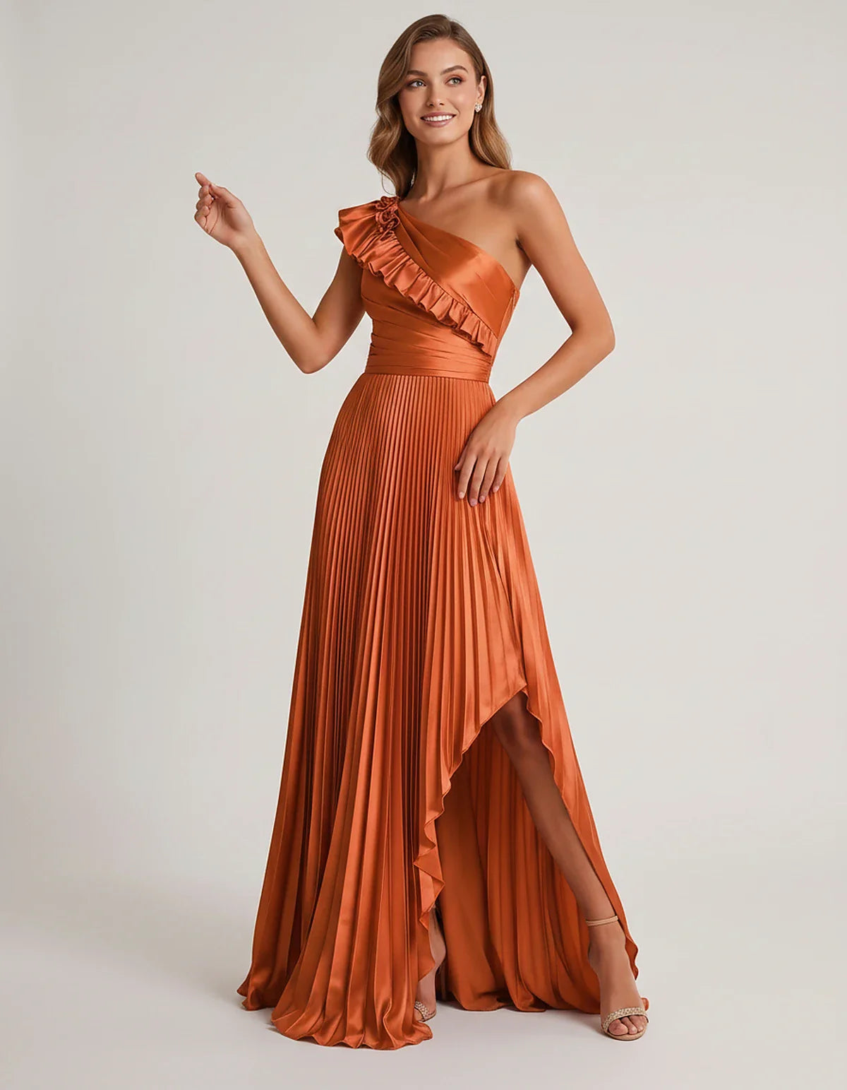 Satin Sleeveless One Shoulder A-Line Maxi Dress for Party, Cocktail, Evening, Wedding Guest, Bridesmaid & Summer Formal Event | SKU: SM-482951736104825-ORANGE-L,SM-482951736104825-ORANGE-M,SM-482951736104825-ORANGE-S,SM-482951736104825-ORANGE-XL,SM-482951736104825-ORANGE-XS