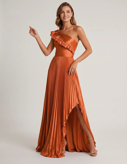 Satin Sleeveless One Shoulder A-Line Maxi Dress for Party, Cocktail, Evening, Wedding Guest, Bridesmaid & Summer Formal Event | SKU: SM-482951736104825-ORANGE-L,SM-482951736104825-ORANGE-M,SM-482951736104825-ORANGE-S,SM-482951736104825-ORANGE-XL,SM-482951736104825-ORANGE-XS