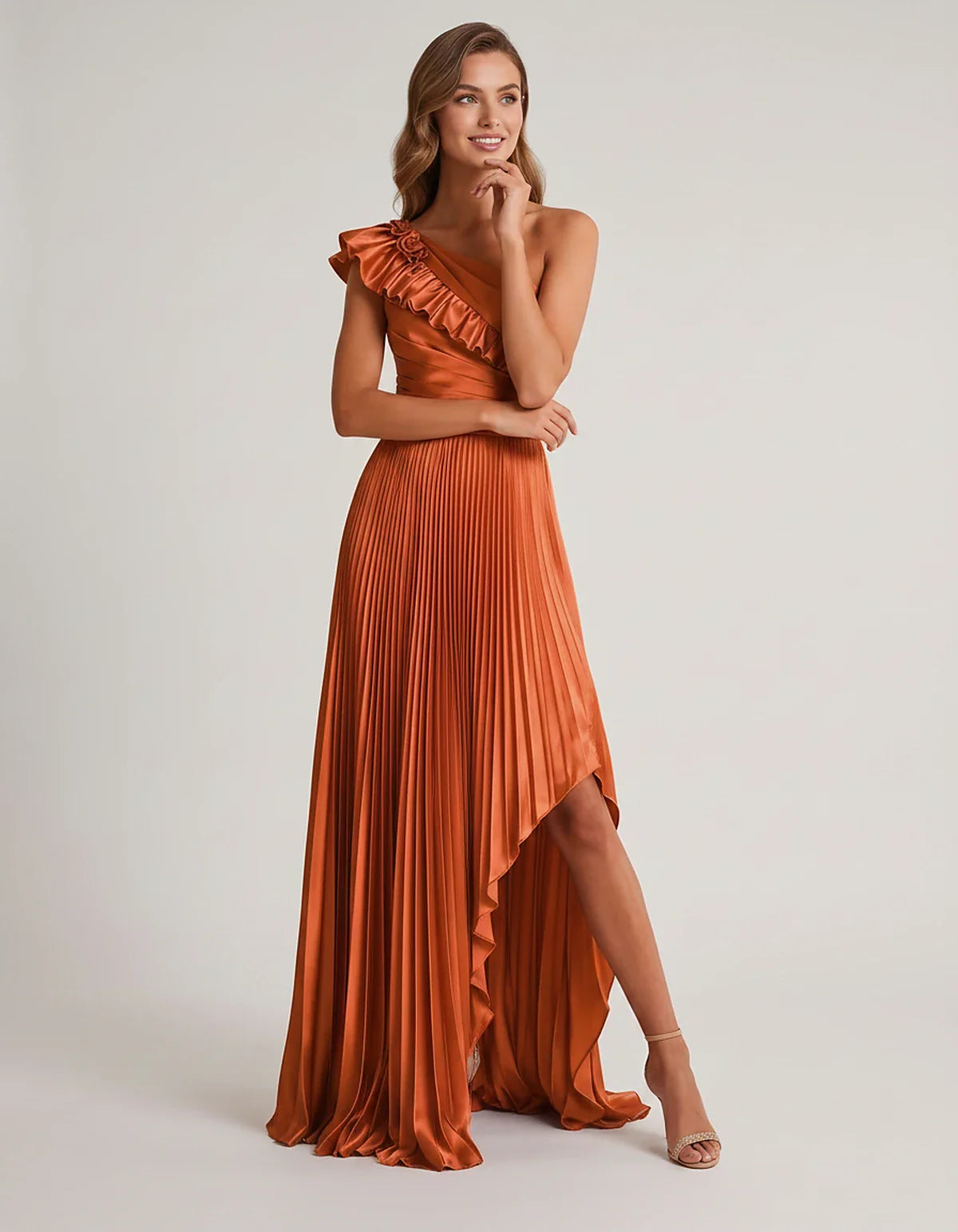 Satin Sleeveless One Shoulder A-Line Maxi Dress for Party, Cocktail, Evening, Wedding Guest, Bridesmaid & Summer Formal Event | SKU: SM-482951736104825-ORANGE-L,SM-482951736104825-ORANGE-M,SM-482951736104825-ORANGE-S,SM-482951736104825-ORANGE-XL,SM-482951736104825-ORANGE-XS