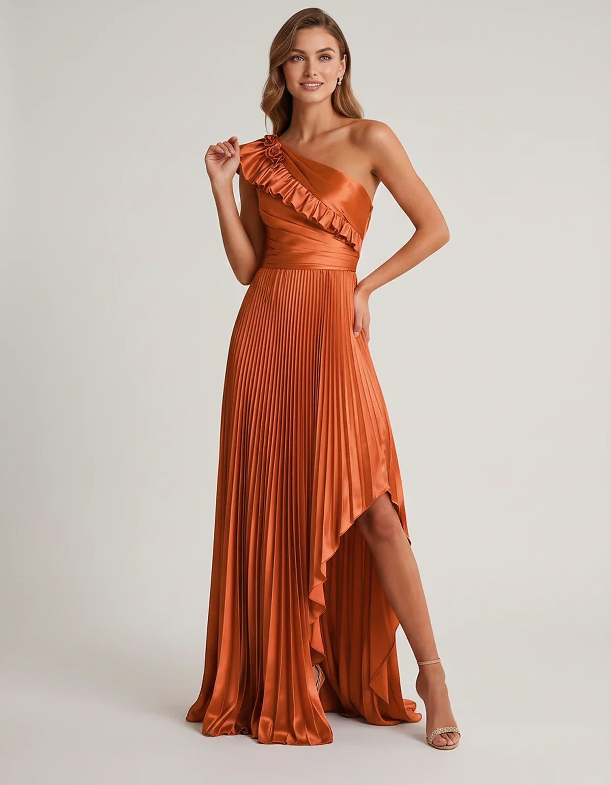 Satin Sleeveless One Shoulder A-Line Maxi Dress for Party, Cocktail, Evening, Wedding Guest, Bridesmaid & Summer Formal Event | SKU: SM-482951736104825-ORANGE-L,SM-482951736104825-ORANGE-M,SM-482951736104825-ORANGE-S,SM-482951736104825-ORANGE-XL,SM-482951736104825-ORANGE-XS