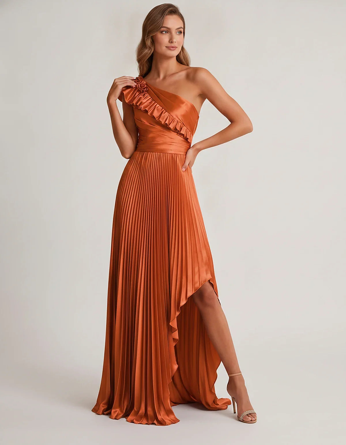 Satin Sleeveless One Shoulder A-Line Maxi Dress for Party, Cocktail, Evening, Wedding Guest, Bridesmaid & Summer Formal Event | SKU: SM-482951736104825-ORANGE-L,SM-482951736104825-ORANGE-M,SM-482951736104825-ORANGE-S,SM-482951736104825-ORANGE-XL,SM-482951736104825-ORANGE-XS