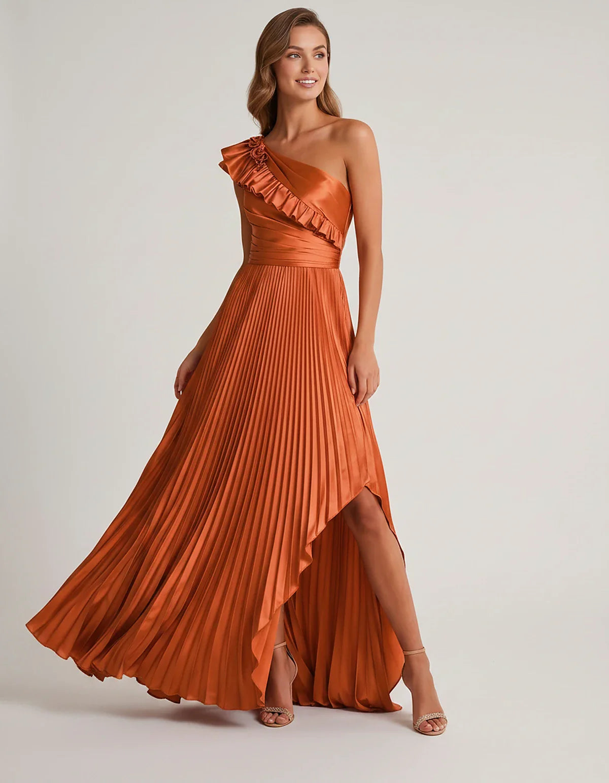 Satin Sleeveless One Shoulder A-Line Maxi Dress for Party, Cocktail, Evening, Wedding Guest, Bridesmaid & Summer Formal Event | SKU: SM-482951736104825-ORANGE-L,SM-482951736104825-ORANGE-M,SM-482951736104825-ORANGE-S,SM-482951736104825-ORANGE-XL,SM-482951736104825-ORANGE-XS