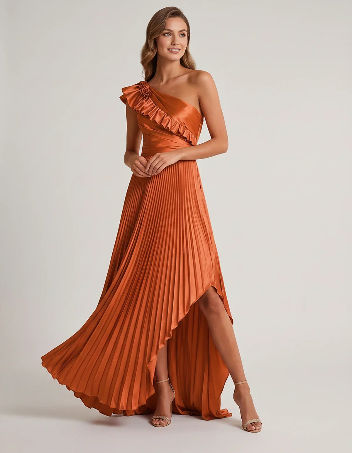 Satin Sleeveless One Shoulder A-Line Maxi Dress for Party, Cocktail, Evening, Wedding Guest, Bridesmaid & Summer Formal Event | SKU: SM-482951736104825-ORANGE-L,SM-482951736104825-ORANGE-M,SM-482951736104825-ORANGE-S,SM-482951736104825-ORANGE-XL,SM-482951736104825-ORANGE-XS