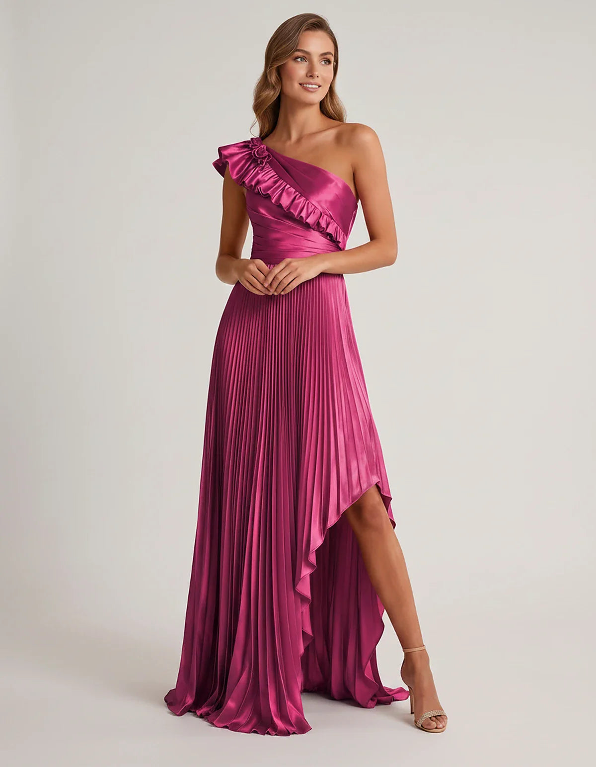 Satin Sleeveless One Shoulder A-Line Maxi Dress for Party, Cocktail, Evening, Wedding Guest, Bridesmaid & Summer Formal Event | SKU: SM-482951736104825-FUCHSIA-L,SM-482951736104825-FUCHSIA-M,SM-482951736104825-FUCHSIA-S,SM-482951736104825-FUCHSIA-XL,SM-482951736104825-FUCHSIA-XS