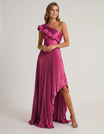 Satin Sleeveless One Shoulder A-Line Maxi Dress for Party, Cocktail, Evening, Wedding Guest, Bridesmaid & Summer Formal Event | SKU: SM-482951736104825-FUCHSIA-L,SM-482951736104825-FUCHSIA-M,SM-482951736104825-FUCHSIA-S,SM-482951736104825-FUCHSIA-XL,SM-482951736104825-FUCHSIA-XS
