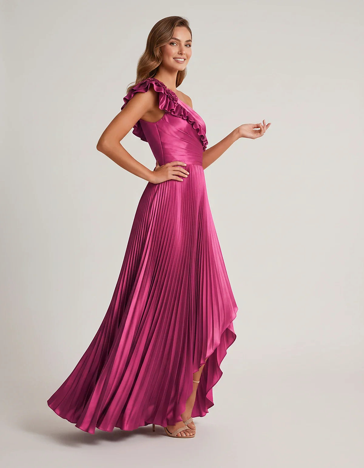 Satin Sleeveless One Shoulder A-Line Maxi Dress for Party, Cocktail, Evening, Wedding Guest, Bridesmaid & Summer Formal Event | SKU: SM-482951736104825-FUCHSIA-L,SM-482951736104825-FUCHSIA-M,SM-482951736104825-FUCHSIA-S,SM-482951736104825-FUCHSIA-XL,SM-482951736104825-FUCHSIA-XS
