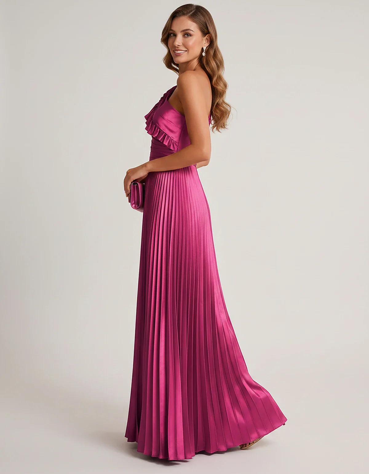 Satin Sleeveless One Shoulder A-Line Maxi Dress for Party, Cocktail, Evening, Wedding Guest, Bridesmaid & Summer Formal Event | SKU: SM-482951736104825-FUCHSIA-L,SM-482951736104825-FUCHSIA-M,SM-482951736104825-FUCHSIA-S,SM-482951736104825-FUCHSIA-XL,SM-482951736104825-FUCHSIA-XS