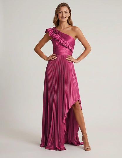 Satin Sleeveless One Shoulder A-Line Maxi Dress for Party, Cocktail, Evening, Wedding Guest, Bridesmaid & Summer Formal Event | SKU: SM-482951736104825-FUCHSIA-L,SM-482951736104825-FUCHSIA-M,SM-482951736104825-FUCHSIA-S,SM-482951736104825-FUCHSIA-XL,SM-482951736104825-FUCHSIA-XS