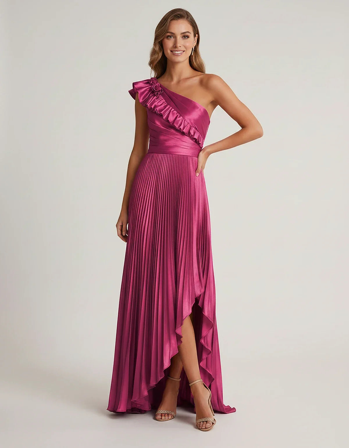 Satin Sleeveless One Shoulder A-Line Maxi Dress for Party, Cocktail, Evening, Wedding Guest, Bridesmaid & Summer Formal Event | SKU: SM-482951736104825-FUCHSIA-L,SM-482951736104825-FUCHSIA-M,SM-482951736104825-FUCHSIA-S,SM-482951736104825-FUCHSIA-XL,SM-482951736104825-FUCHSIA-XS
